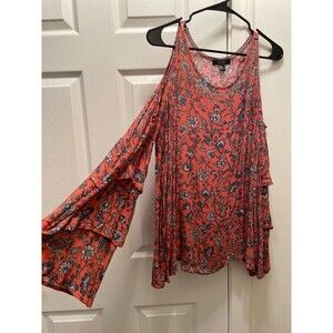 Kelly Renee Coral Blouse Floral Boho Open Shoulders Rhinestone Women's Large